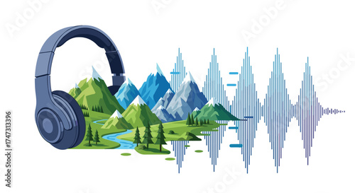 Headphones playing nature soundscape with mountains and waveform, Generative AI.