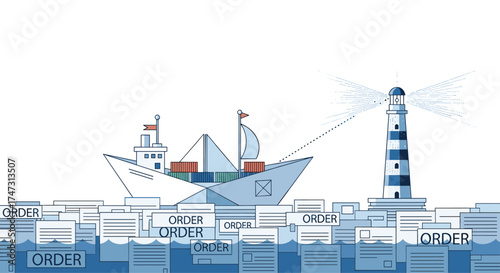 Cargo Ship Guided by Lighthouse Through Order Forms, Generative AI.