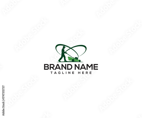Gardener's Grace: A silhouetted figure meticulously tends to a lawn with a mower, artfully composed with flowing lines. This logo celebrates the essence of gardening and care for nature