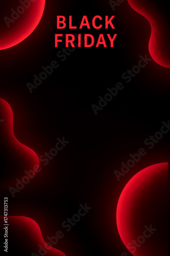Minimalist Black Friday design with glowing red abstract shapes on a black background, ideal for sale ads or banners.