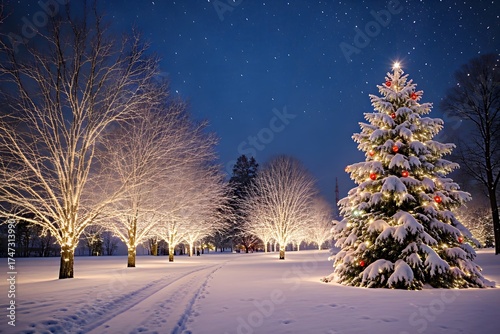 A decorated Christmas tree with warm lights glows brightly in a snowy landscape under a clear starry night, lined with lightened trees in a winter scene.