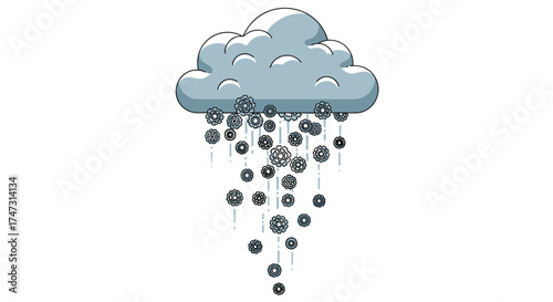 Cloud raining gears and cogs illustration, Generative AI.