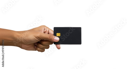 Hand holding a black credit card isolated on transparent background