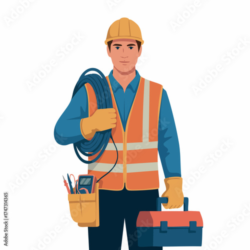 Electrician with coiled cable and toolbox in hi-vis and hard hat (tight)