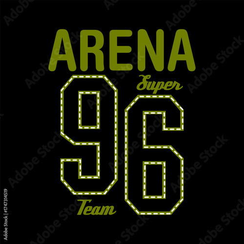 Bold varsity-style typography design featuring the text “Arena 96 Super Team” in olive green on black. Perfect for sports apparel, team branding, or retro athletic t-shirt prints.