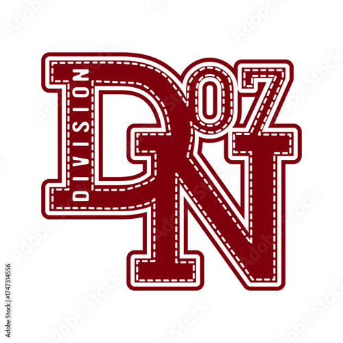 Bold varsity-style typography with “Division 07” in stitched maroon letters. Perfect for sportswear, team apparel, college graphics, and retro athletic-themed print designs.
