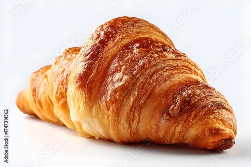 Freshly baked croissant. Crispy butter croissant, traditional french bakery pastry with golden layers on white background. European breakfast pastry for cafe or restaurant menu 