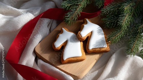 Horse head gingerbread cookies with white icing on wooden board, fir branch and red ribbon, cozy Christmas still life