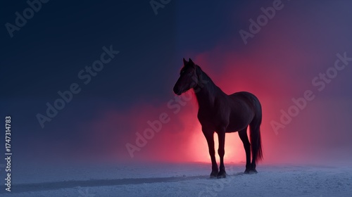 Dark horse on snowy field at night with red backlight and mist, side view winter scene