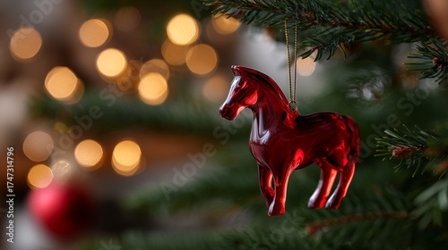 Red glass horse ornament on Christmas tree branch with warm bokeh lights, cozy festive decor, close up