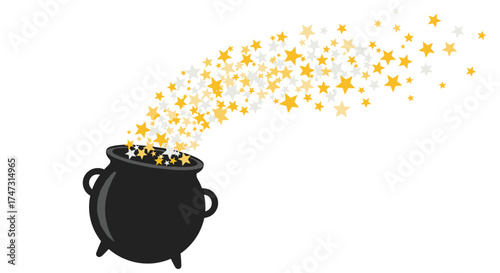 Black cauldron overflowing with golden stars and magic dust, Generative AI.