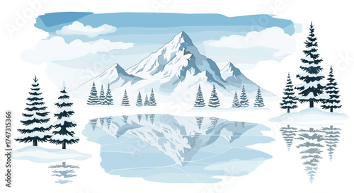 Vector art of snowy mountain range reflected in a frozen lake with pine trees