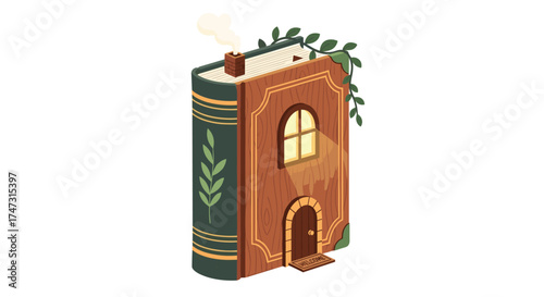 A whimsical book transformed into a cozy house with a chimney and window, Generative AI.