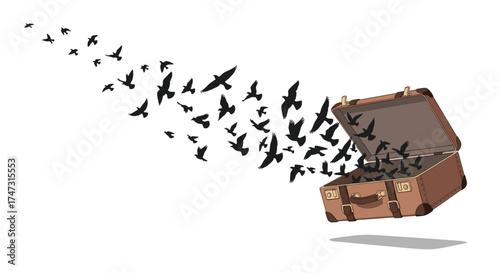 Vintage suitcase releasing flock of birds into the sky, Generative AI.