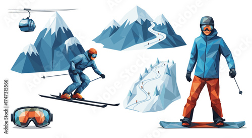 Vector art of winter mountain sports with skier and snowboarder