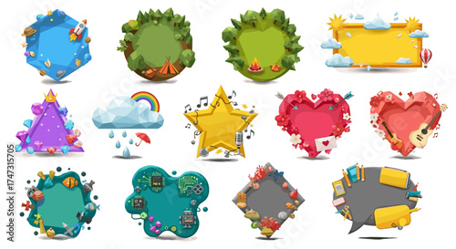 Vector art of collection of colorful fantasy game ui elements