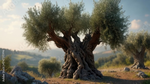 Ancient olive tree in a sunlit landscape