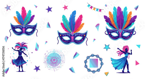 Vector art of mardi gras masks, feathers, confetti, and dancers
