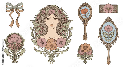 Vector art of art nouveau woman with flowers and mirrors