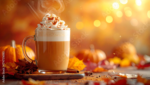 Autumnal Indulgence - Pumpkin Spice Latte with Whipped Cream and Fall Foliage.