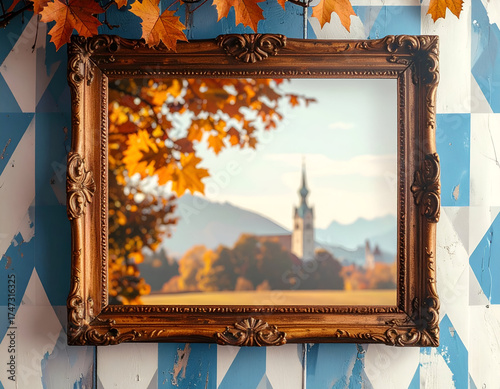 Ornate Wooden Frame with Autumn Landscape Painting on Tiled Wall.