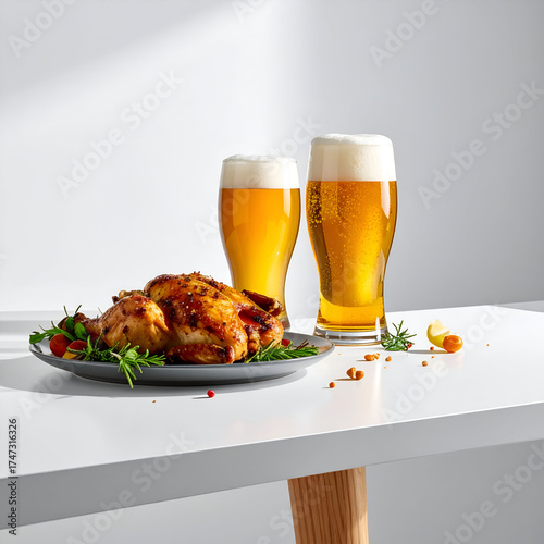 Delicious roasted chicken dinner with two glasses of cold beer on a white table.