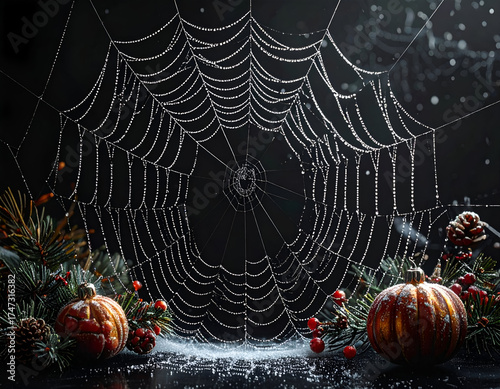 Spooky Halloween Scene - Spiderweb, Pumpkins, and Festive Decorations.