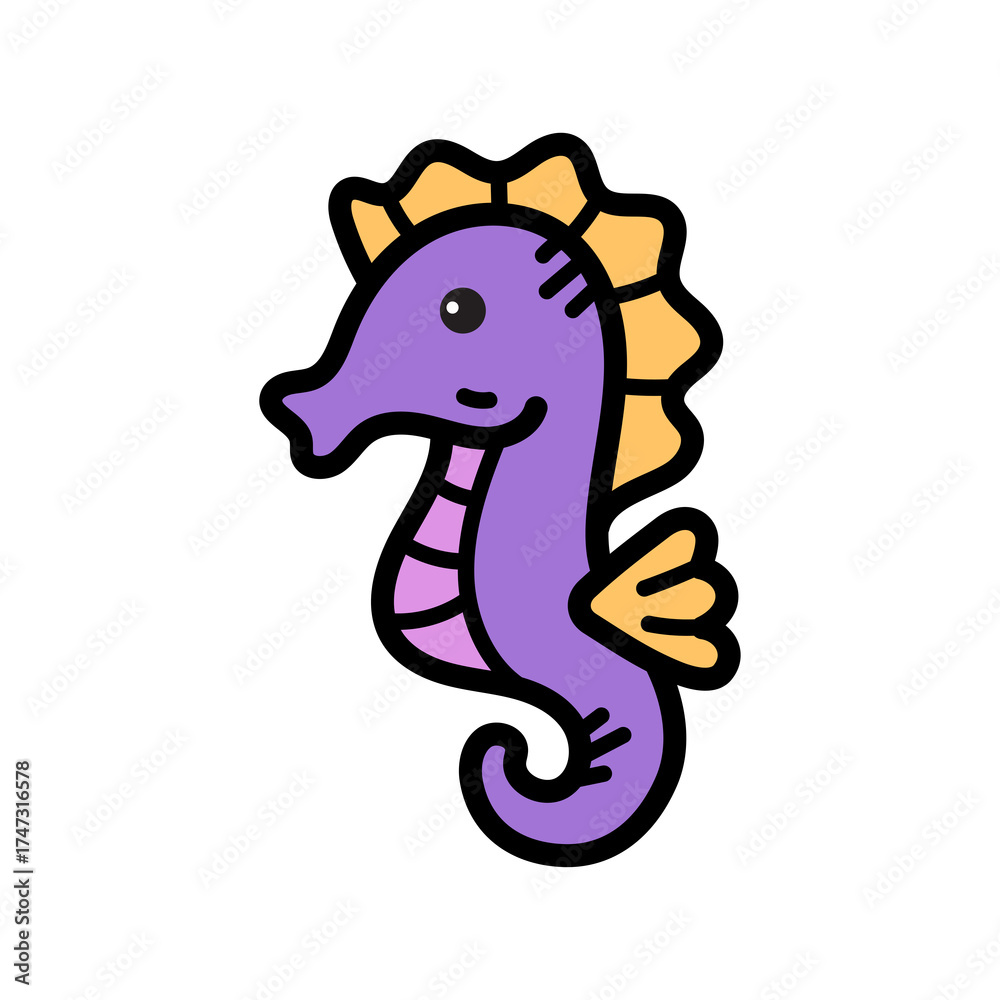 Obraz premium Cute Purple Seahorse Doodle Illustration With Orange Fins And Spines On Transparent Background Cartoon Style