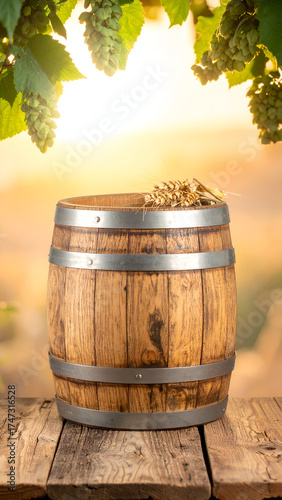 Rustic wooden barrel on a table with hops, bathed in golden sunlight.