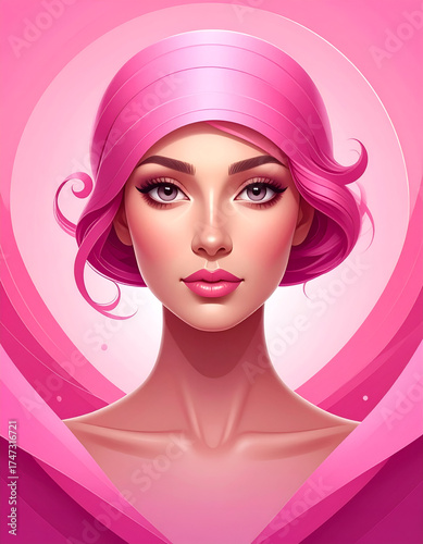 Vibrant Pink Portrait of a Woman with Stylish Hair and Makeup.