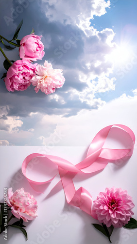 Pink peonies and ribbon against a cloudy sky background.