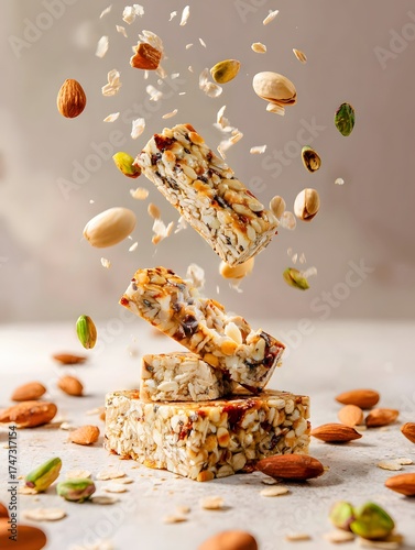 Dynamic levitating granola bars with flying nuts and seeds.