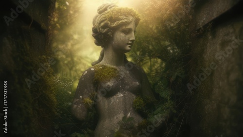 Ancient statue in overgrown tomb