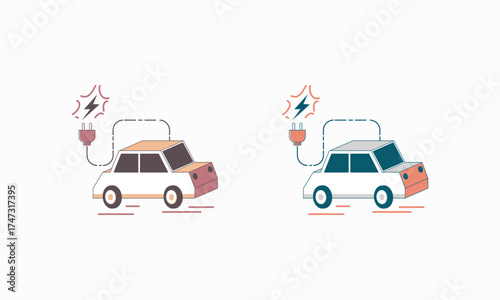 Two Electric Car Illustrations with Plugged-In Charging Cords