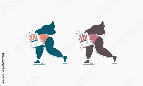A woman running and holding a potted plant with a happy expression