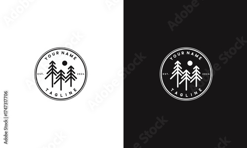 Minimalist logo design featuring three stylized pine trees under a sun, encircled by a tagline and establishment year.