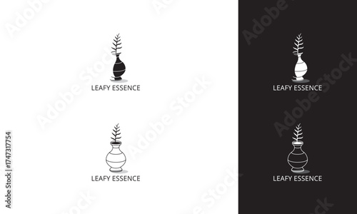 Leafy Essence Logo: Elegant vase with plant sprig, black and white variations.