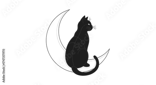 Black Cat Sitting on Crescent Moon Silhouette 1, Generative AI.