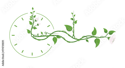 Green vine growing on a clock face symbolizing time passing and nature, Generative AI.