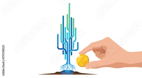 Financial Growth Tree with Hand Planting Coin, Generative AI.