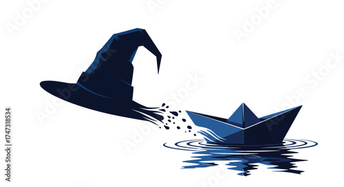 Magical Witch Hat Transforms into Paper Boat on Water, Generative AI.