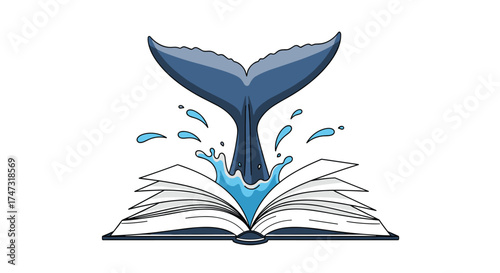 Whale Tail Emerging from Open Book Symbolizing Ocean Literature, Generative AI.