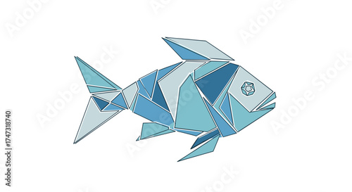 Origami Fish Geometric Blue Illustration, Generative AI.