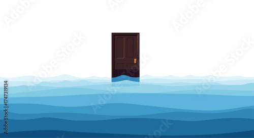 A solitary door stands half submerged in a vast expanse of blue water, Generative AI.