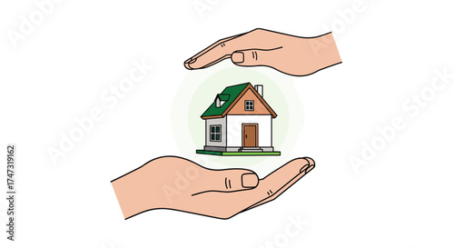 Hands Protecting a Small House Illustration, Generative AI.