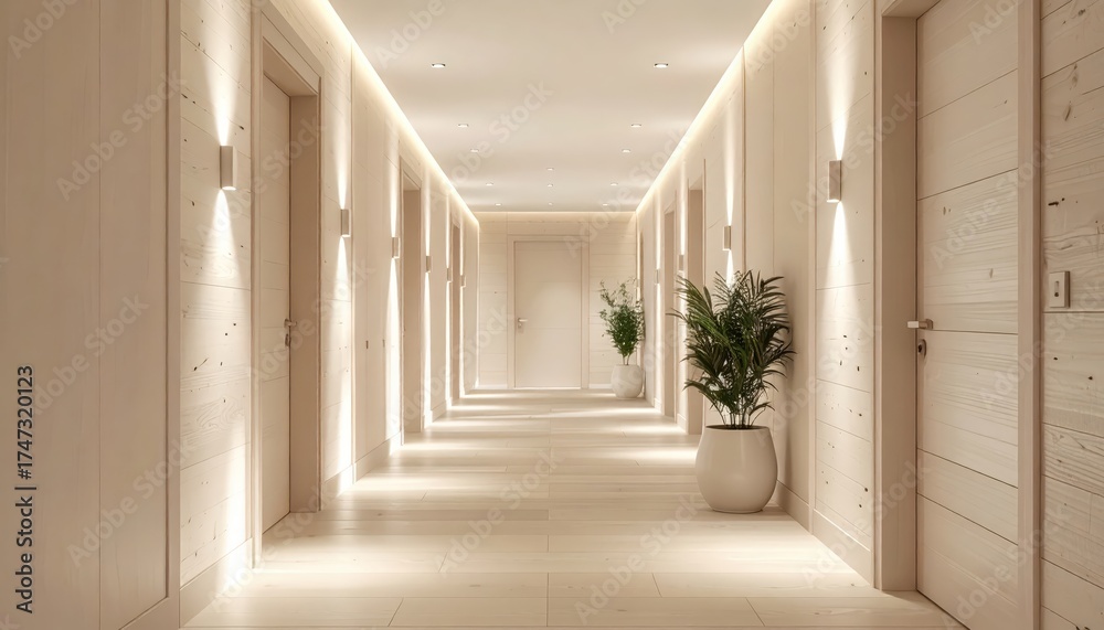 Obraz premium Elegant, bright hallway perspective showcases symmetrical design, featuring multiple closed doors, ambient lighting, and potted plants, creating a serene and inviting ambiance.