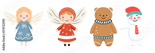 Delightful holiday characters bring festive cheer, angel ornaments, gingerbread bear, and whimsical snowman for joyous Christmas season celebration and winter fun