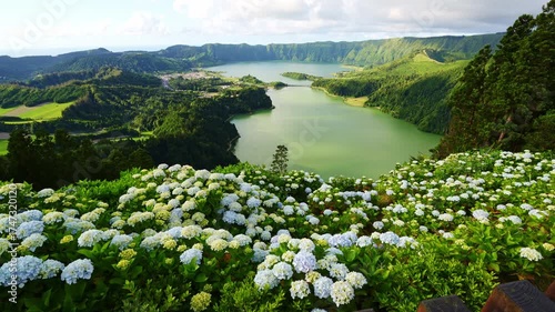 Miradouro da Vista do Rei. Sete Cidades Caldera. Blue Lake and Green Lake. Azores, Sao Miguel Island. Portugal. Wide Shot