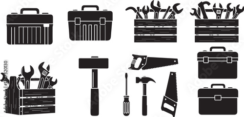 Minimalist black tool and toolbox icon set – hand-drawn silhouettes of crates, hammers, saws, and screwdrivers for workshop design, DIY visuals, and construction-themed graphics.