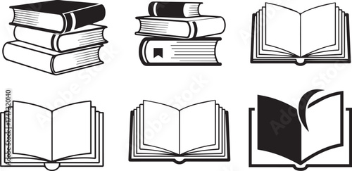 Minimalist black book icon set – hand-drawn silhouettes of stacked and open books with curved pages and turning effects for education design, reading visuals, and literary graphics.